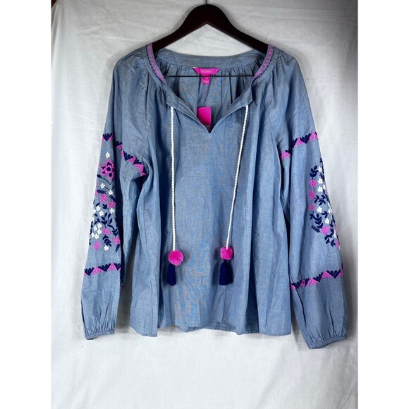 NWT LILLY PULITZER Keela Embroidered V-Neck Long Sleeve Blue Chambray Top xL - Picture 2 of 9
